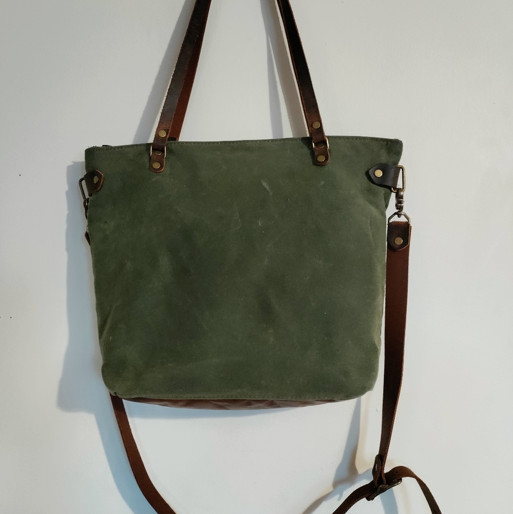 Green Canvas Tote Bag with Brown Straps